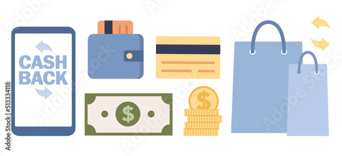 Cash back icon set. Money saving. Purse with credit card, paper currency, golden coins, shopping bag, snartphone app. Finance bonus program. Online shopping, cashback, sale. Vector flat illustration 