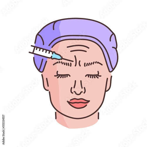 Botulinum wrinkle therapy between the eyebrows color line illustration. Hyaluronic injection.