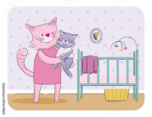 Mother cat holding baby kitten in nursery