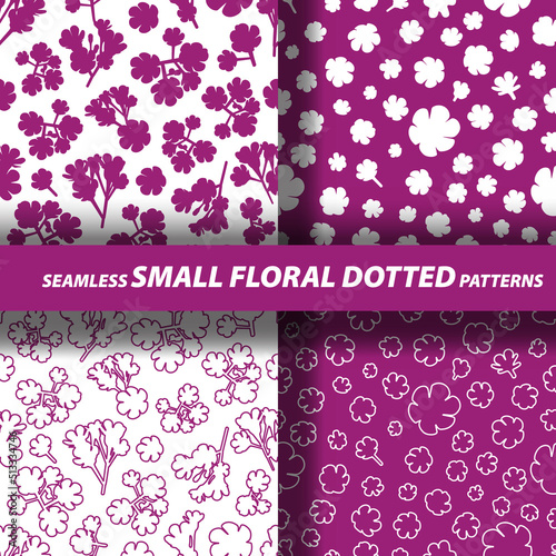Vector set of four small flowers dotted patterns. Illustrations for textile, warpping pape. 
