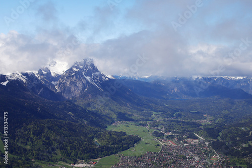 View from Kramerspitz mountain to Garmisch-Partenkirchen, Upper Bavaria, Germany 