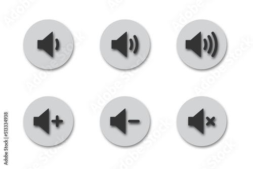 Volume icons. Round buttons with shadows. Sound icons. Flat vector illustration.