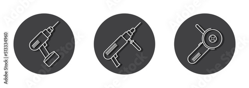 Electric drill icon. Angle grinder icon. Screwdriver linear design. Flat vector illustration.