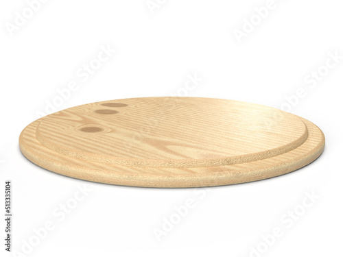 ピザを乗せる円い木のお皿。3Dレンダリングされた円形の木製トレイ。