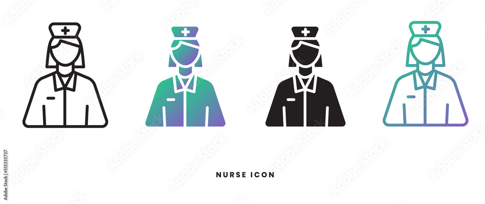 Vector nurse female icon in solid, gradient and line styles. Trendy colors. Isolated on a white background