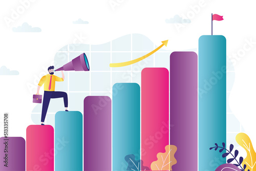 Businessman uses spyglass for strategic investment planning. Male investor is looking for opportunity for successful investments and making money in stock market. Growing graph, profit.