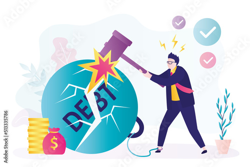 Businessman solve financial problems. Guy with hammer breaks weight with inscription - debts. Entrepreneur overcome economic crisis and gets out of debt. Tense man hits kettlebell.