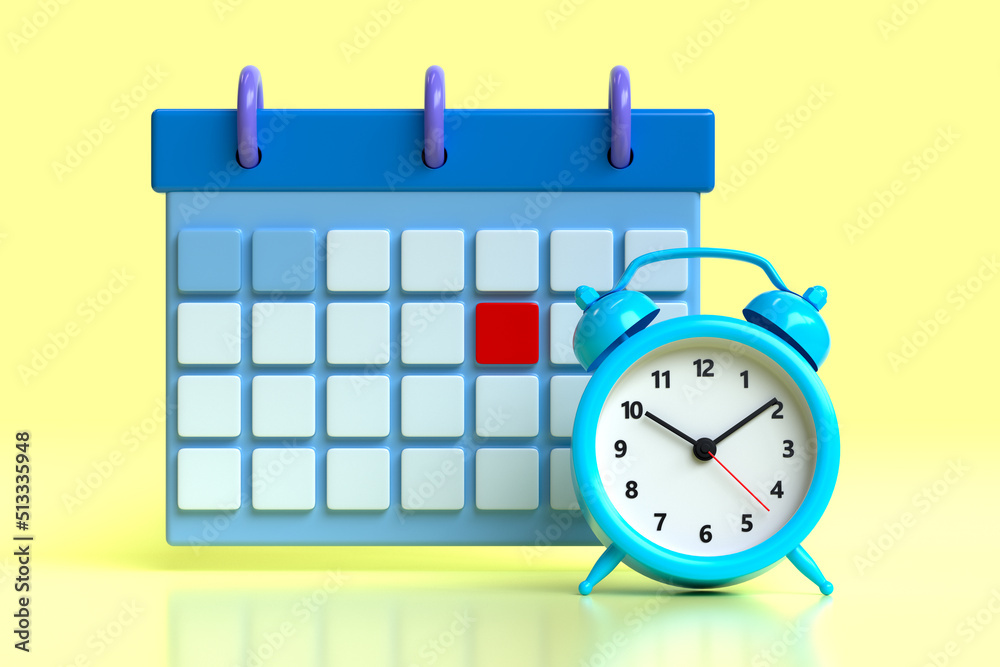 Alarm Clock Minimal Cartoon Style Design. Day Month Year Time Concept. Website Banner. 3d Rendering Alarm Clock Minimal Cartoon Style Design. Day Month Year Time Concept. Website Banner. 3d Rendering