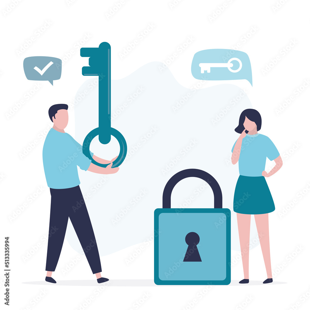 Woman stands near closed padlock and thinks. Difficulty making decisions, uncertainty. Confident businessman or partner gives big key. Assistance in work, choosing right path of development, Woman stands near closed padlock and thinks. Difficulty making decisions, uncertainty. Confident businessman or partner gives big key. Assistance in work, choosing right path of development,