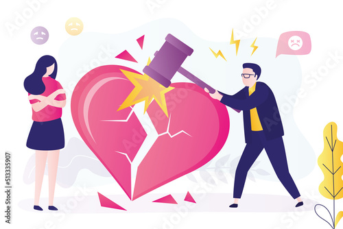 Unhappy man with hammer breaks big heart into many pieces. Male character breaks up with girl