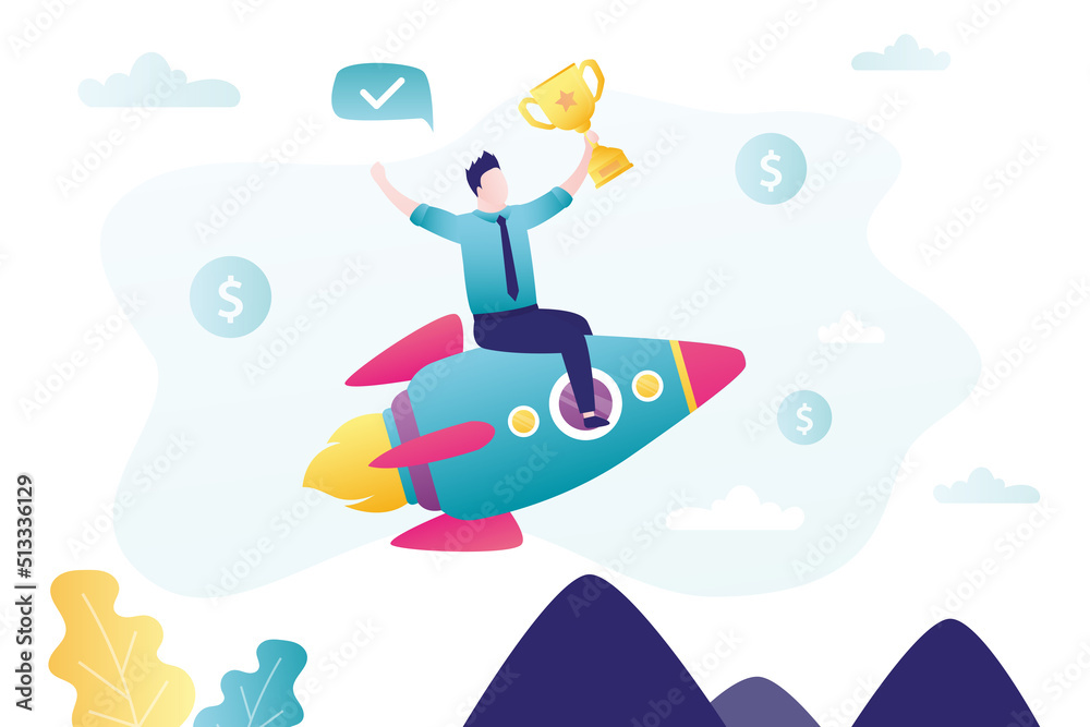 Confident businessman flying on rocket with gold winner cup in hand. Successful startup, profitable new business. Award ceremony. Reward, high earnings. Business owner with prize.