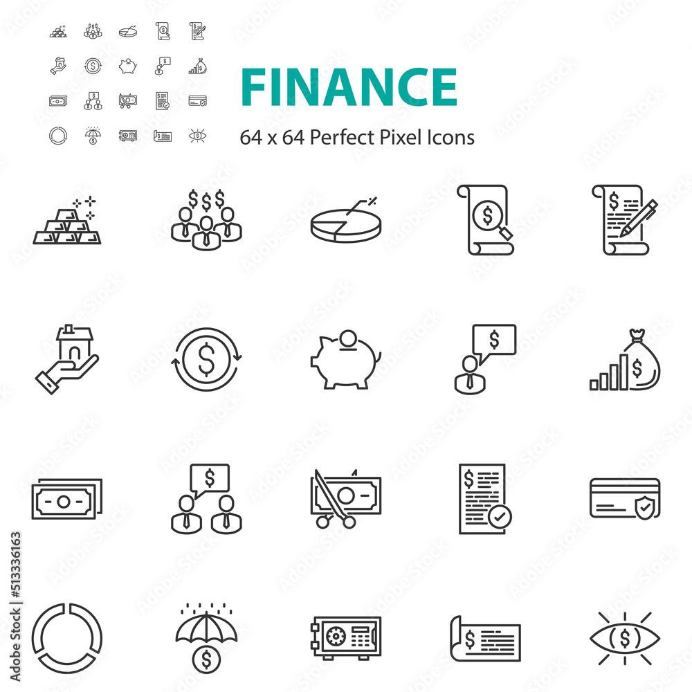 set of finance line icons, money, bank, economy