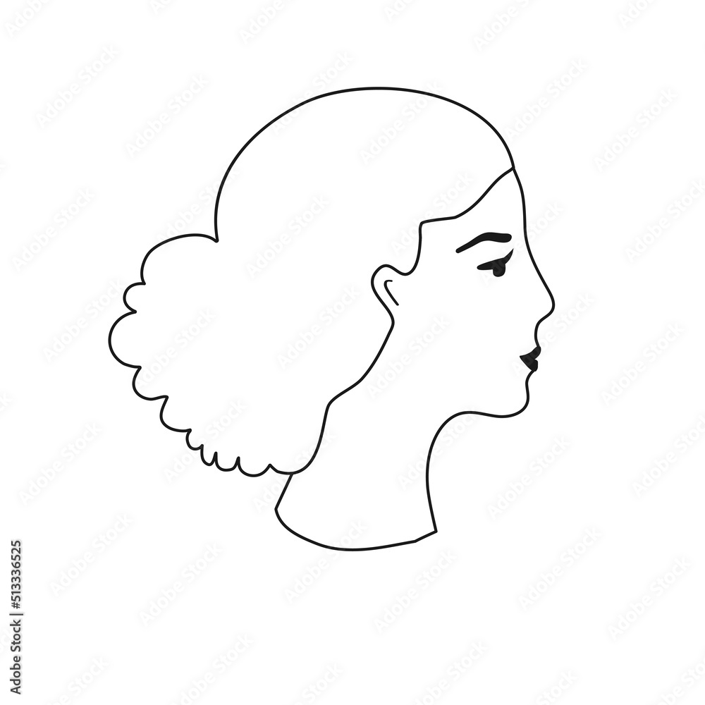 Сontour line female profile.Line art beauty girl face.Black and white drawing ,avatar profile icon.EPS10.