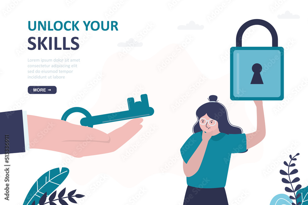 Fototapeta premium Insecure woman holding padlock. Unlock your skills. Woman thinks about her talents and opportunities. Big hand gives key. Training, development of skills. Girl student, aspiring entrepreneur.