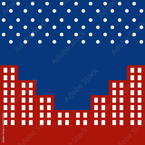 Buildings at night with stars in the sky and space background, using red, blue, and white colors that are inspired by the US  flag to celebrate Americans' 4th of July