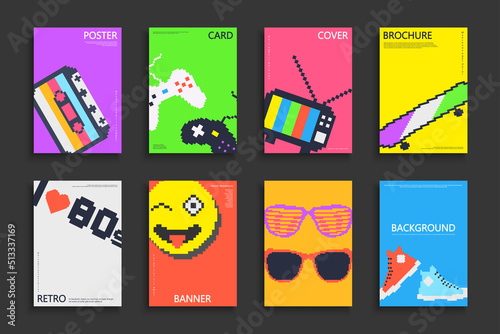 Collection of colorful cartoon retro covers, templates, backgrounds, placards, brochures, banners, flyers and etc. Drawing posters, cards, catalogs - fashion style 80-90s. Bright contemporary prints