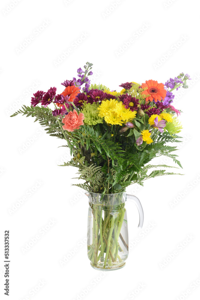 isolated vase of colorful assorted flowers on white background