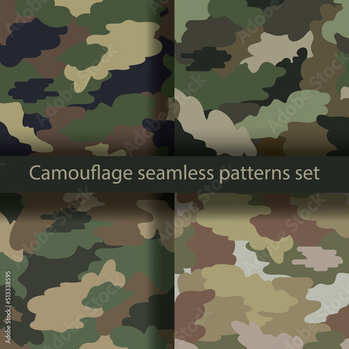 Vector seamless camouflage patterns set. Illustration for soldier, hunting clothing material.
