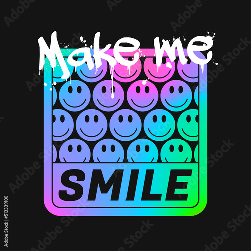 Holographic color smiles for t-shirt design with slogan. Colorful acid emoji smile illustration for tee shirt. Rave style print for apparel in hologram rainbow colors. Vector.