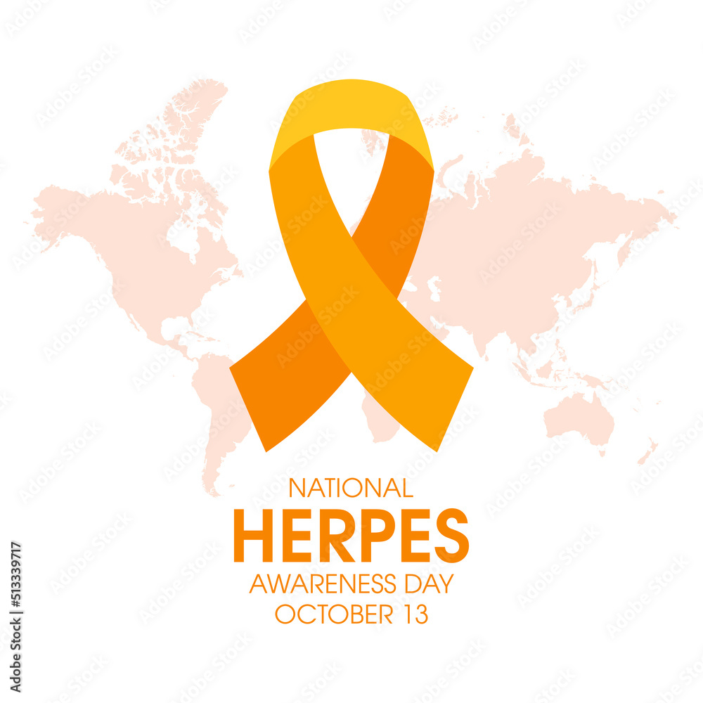 National Herpes Awareness Day vector. Orange ribbon and world map silhouette icon vector isolated on a white background. Herpes Awareness Day Poster, October 13. Important day - obrazy, fototapety, plakaty 
