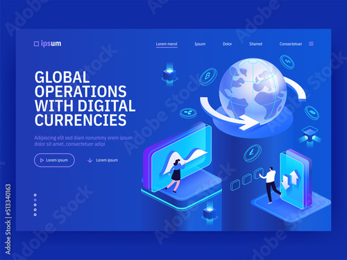 Global operations with digital currencies isometric vector image on blue background. International stock market. Cryptocurrency buying. Web banner with copy space for text. 3d components composition