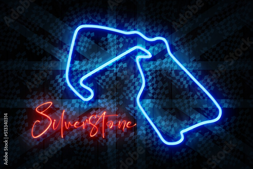 Papier peint Silverstone Red and Blue Neon Sign on a Dark Checkered decorated Wooden Wall 3D illustration