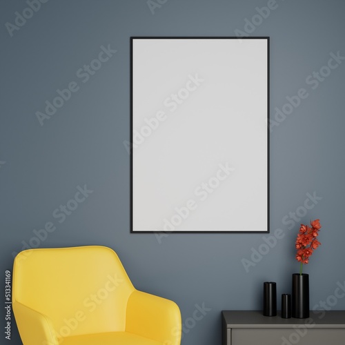 Blank picture frame mockup in modern interior living room, minimal style. 3D rener illustration.