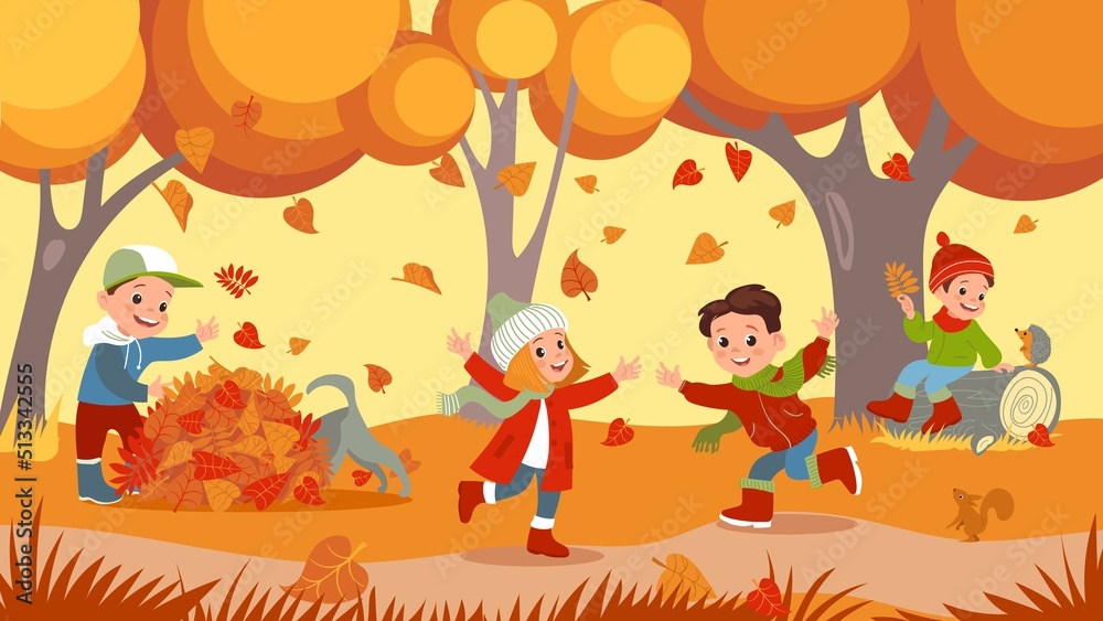 Autumn park kids. Children outdoor activity. Boys and girls play with falling leaves. Little people in warm clothes. Forest animals and pets. October defoliation. Splendid vector concept