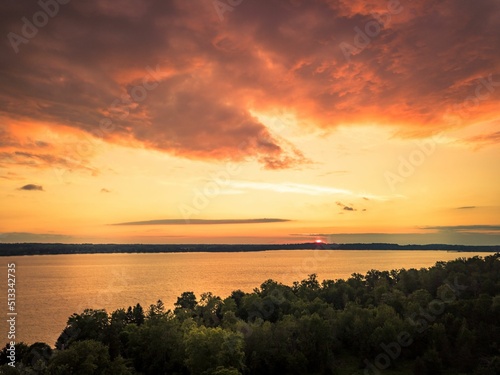 Bird's eye view of beautiful sunset on Owasco Lake in Auburn, New York