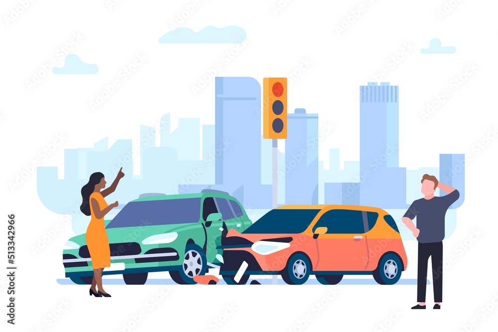 Car accident. Auto collision. Crashed vehicles at urban crossroads. Arguing people. City road traffic. Broken automobiles with bumpers deformation. Transport insurance. Vector concept Car accident. Auto collision. Crashed vehicles at urban crossroads. Arguing people. City road traffic. Broken automobiles with bumpers deformation. Transport insurance. Vector concept