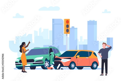 Car accident. Auto collision. Crashed vehicles at urban crossroads. Arguing people. City road traffic. Broken automobiles with bumpers deformation. Transport insurance. Vector concept