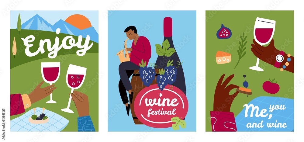 Cartoon wine cards. Picnic on nature. Beautiful views. Desserts and grape drinks. Man plays saxophone. Hands holding glasses. Alcohol festival. Winemaking posters. Garish vector set