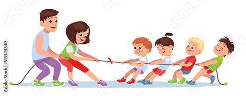 Children play tug of war with adults. Family pulls rope. Competitive game. Kids gaming sports and activities. Strength contest. Teenagers and parents tournament. Splendid vector concept photo