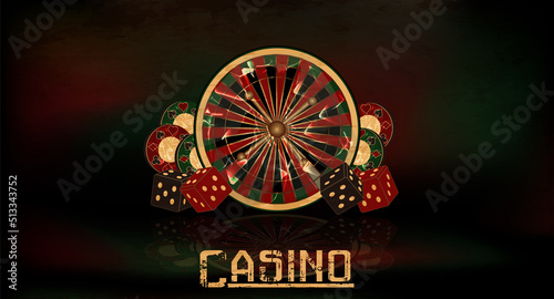 Vintage casino banner with roulette, dice and poker chips, vector illustration