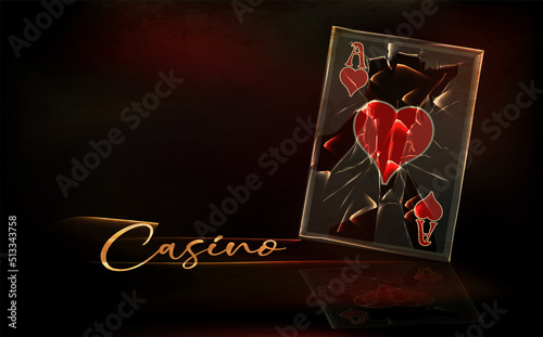 Casino background with vintage poker hearts card, vector illustration