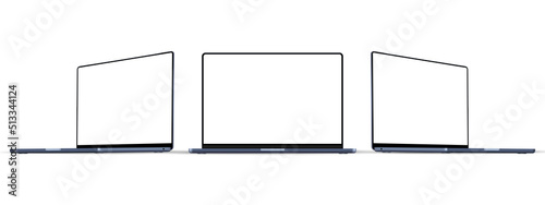 Blue Laptop Mockup With Blank Screen, Front and Side Perspective View, Isolated on White Background. Vector Illustration