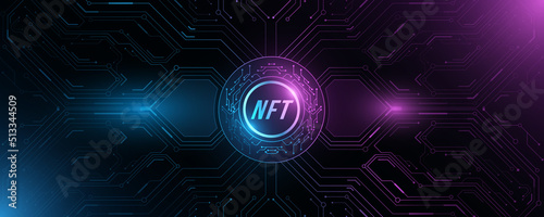 NFT nonfungible tokens banner. Glowing blue and purple HUD elements with computer circuit board. DeFi concept. Futuristic hi-tech background. Modern technology photo