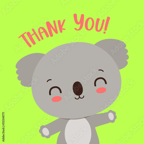 Thank you card template for kids party with koala bear cute animal.