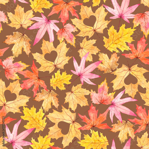 Colorful watercolor fall leaves seamless pattern on brown background. Holiday design for autumn decor, fabric, textile, wallpaper, wrapping paper