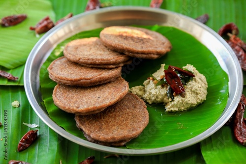 Raagi dosa,raagi attu,millet dosa,millet pancakes,dosa indian breakfast closeup with selective focus photo