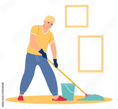Man washing floor with mop and water bucket. House cleaning