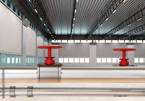Oil pipe. Room for oil refining. Concept of supplying production with fuel. Steel pipe inside Hangar. Fuel pipeline visualization. Red valves for adjusting pressure in pipe. Fuel industry. 3d image.
