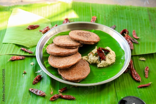 Raagi dosa,raagi attu,millet dosa,millet pancakes,dosa indian breakfast closeup with selective focus photo