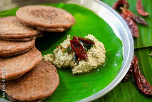 Raagi dosa,raagi attu,millet dosa,millet pancakes,dosa indian breakfast closeup with selective focus photo