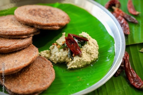 Raagi dosa,raagi attu,millet dosa,millet pancakes,dosa indian breakfast closeup with selective focus photo