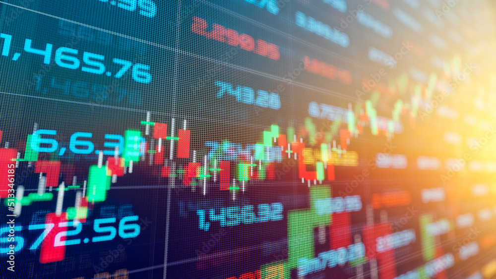 Fototapeta premium Financial stock market chart and LED Display background. Technology business finance and investment concept, funds stock market and digital assets. Business finance background. 3D rendering.