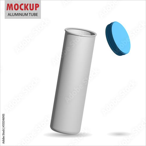 Round white glossy aluminum tube with cap for effervescent or carbon tablets, pills, vitamins. Photo-realistic packaging mockup template with sample design. 3d  illustration.