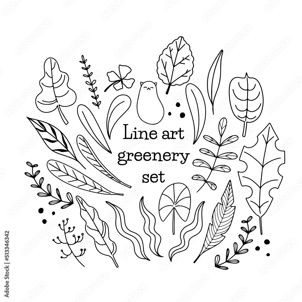 Hand drawn line art doodle greenery and plants set, isolated on white background
