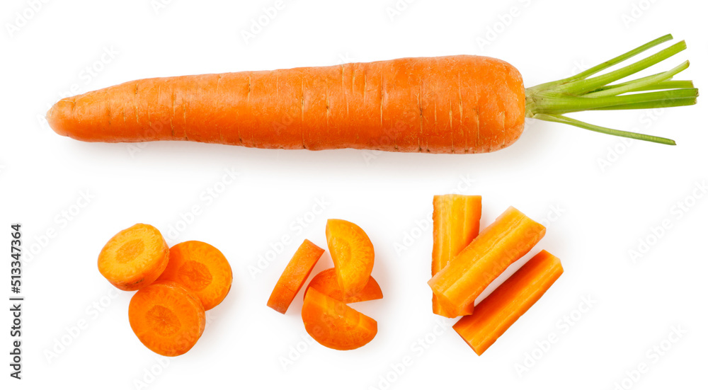 Obraz na płótnie Carrots and sliced pieces on a white background. Top view set. w salonie