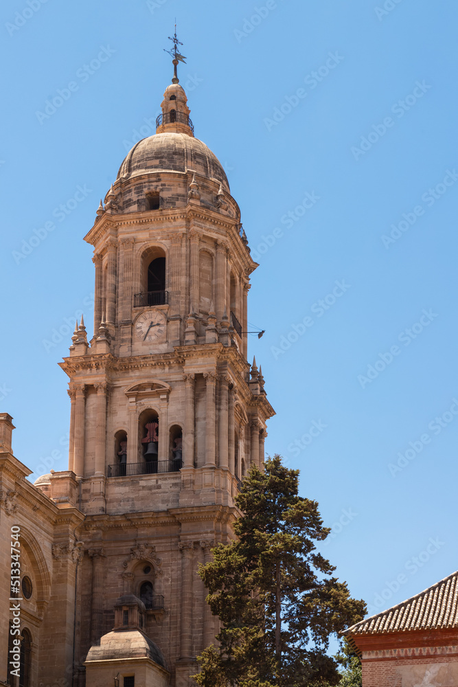Church tower of the Malaga Cathedral or the Santa Iglesia Catedral Basílica de la Encarnación.